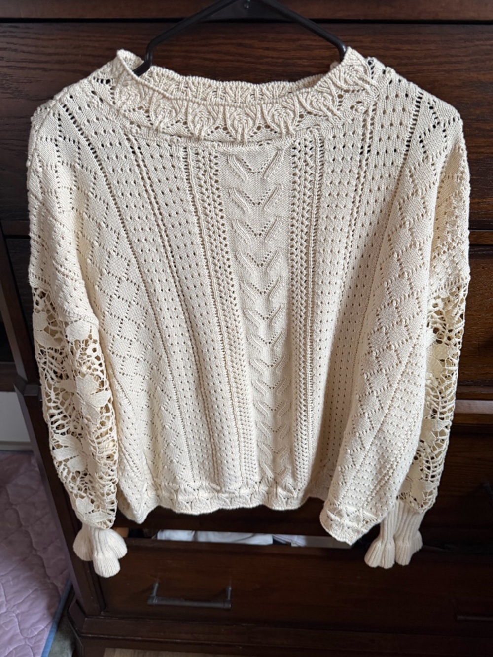 Open-Knit Cream Cable & Lace-Sleeve Sweater - Picture 2 of 7